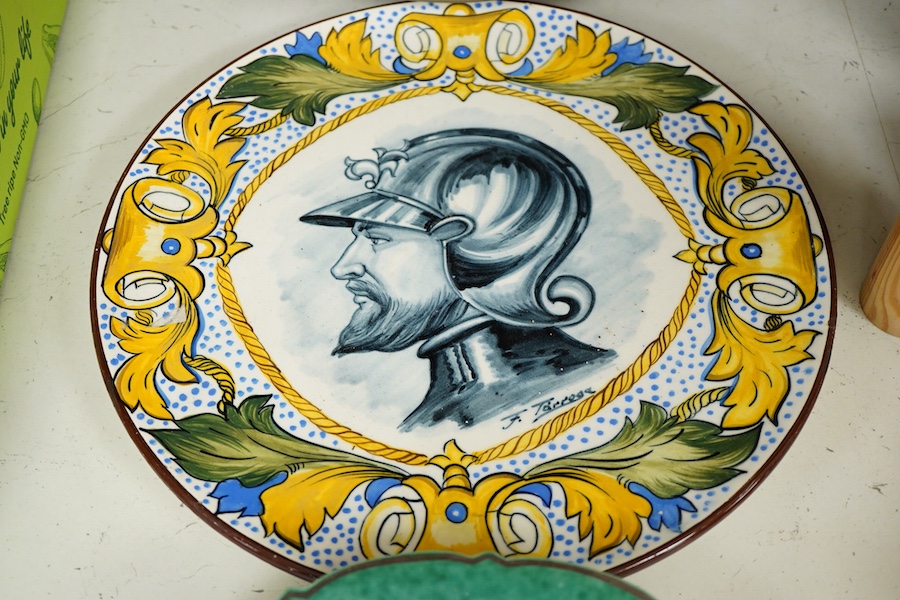 A Gustavsberg Argenta ware footed dish, a signed maiolica charger and a studio pottery crackle glazed bowl, largest 35cm